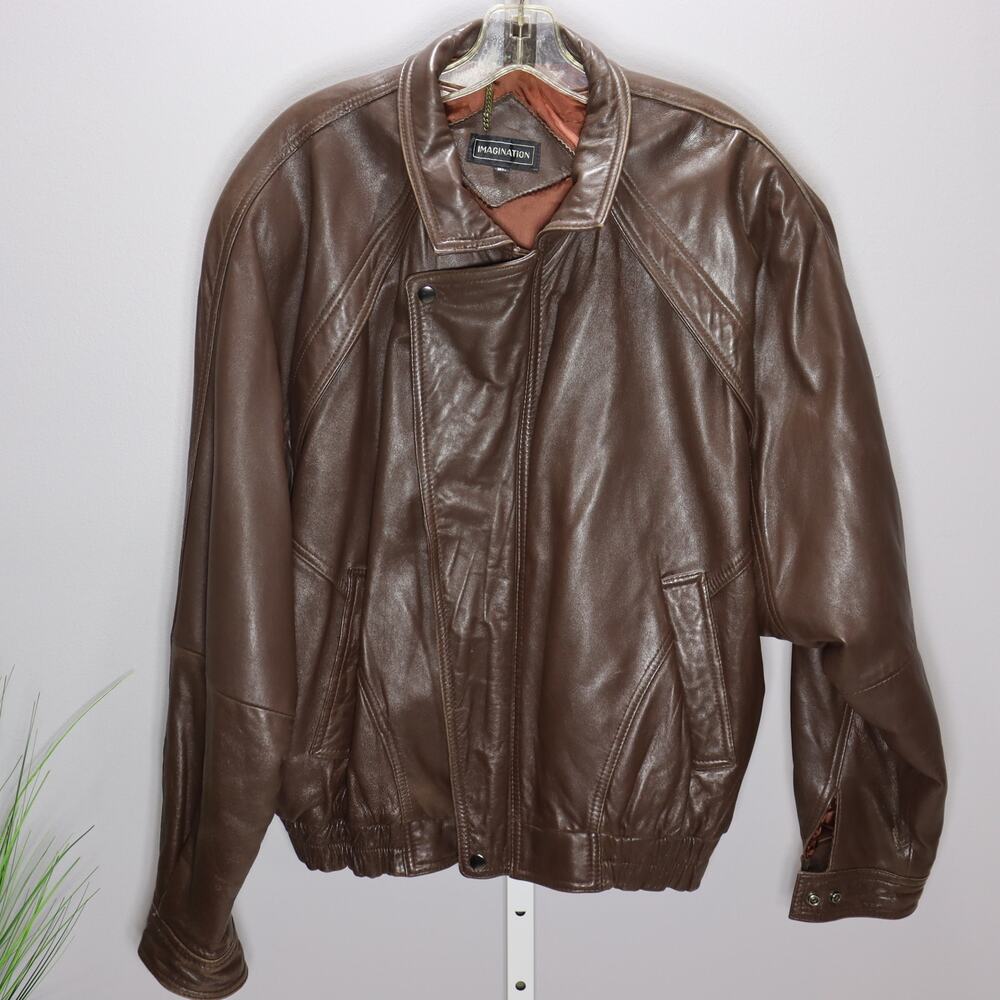 Imagination Brown Leather Jacket‎ Men’s XL Distressed Bomber Style